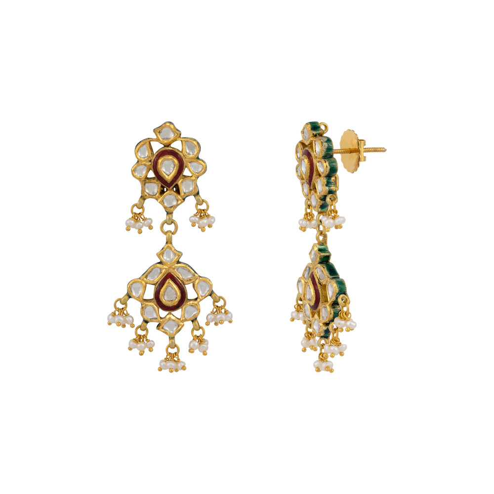 Polki Chandelier Earrings with Red Enamel and Pearl Clusters
